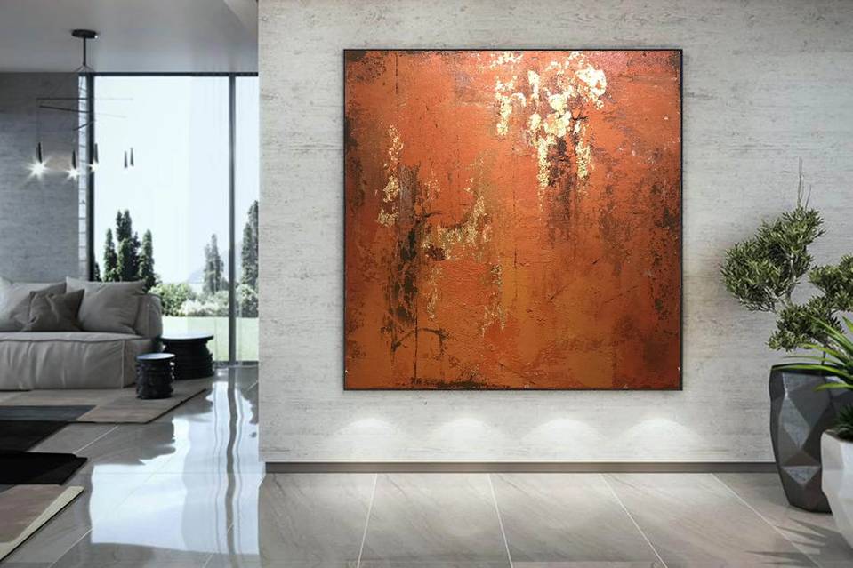 Minimalist Handmade Gold Dining Red Abstract Canvas Wall Art TLYD0
